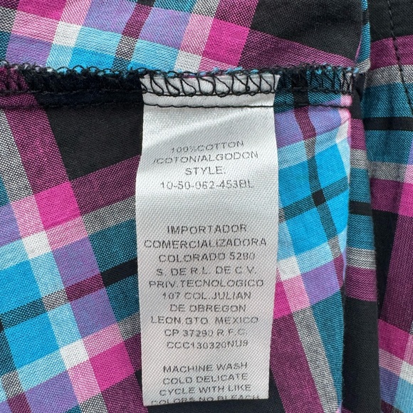 Tin Haul Women’s Large Pink Blue Black Plaid Button Up Shirt Accent Print - Picture 6 of 7